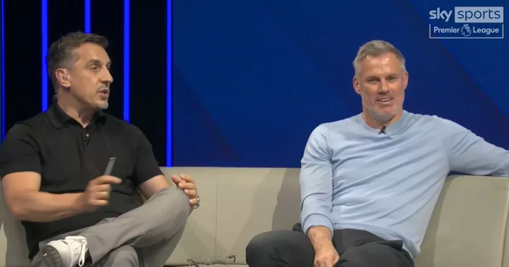 Jamie Carrager quickly ocks Gary Neville before Mann UTD’s Carabao Cup exit
